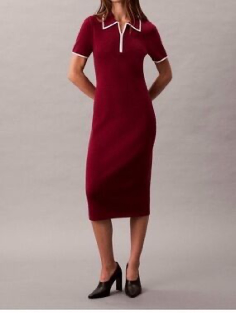 NWT Calvin Klein Burgundy Midi Polo Dress with White Trim in Size Medium